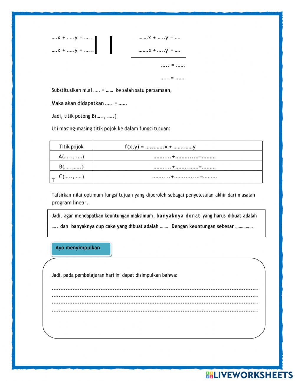 Lkpd program linear dua variabel worksheet | Live Worksheets