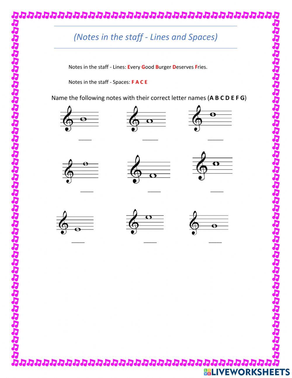 Notes in the staff Lines and Spaces online exercise for Live Worksheets