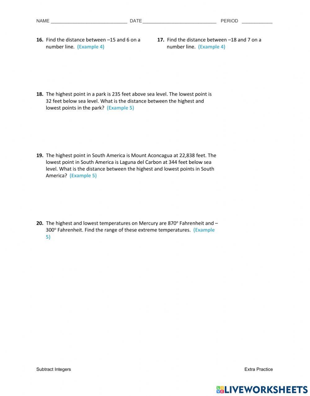 Grade 7 Subtracting integers