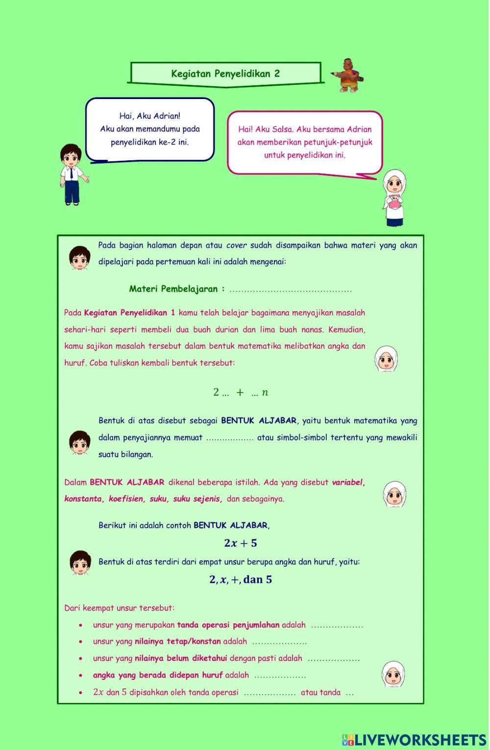 Bnetuk Aljabar dan Operasi Jumlah dan Selisih