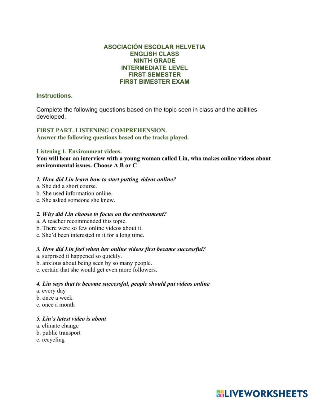 Ninth grade First bimester exam