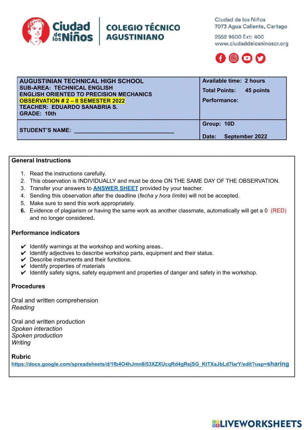OBSERVATION 2 - 10th PRECISION MECHANICS - AUGUSTINIAN TECHNICAL HIGH SCHOOL