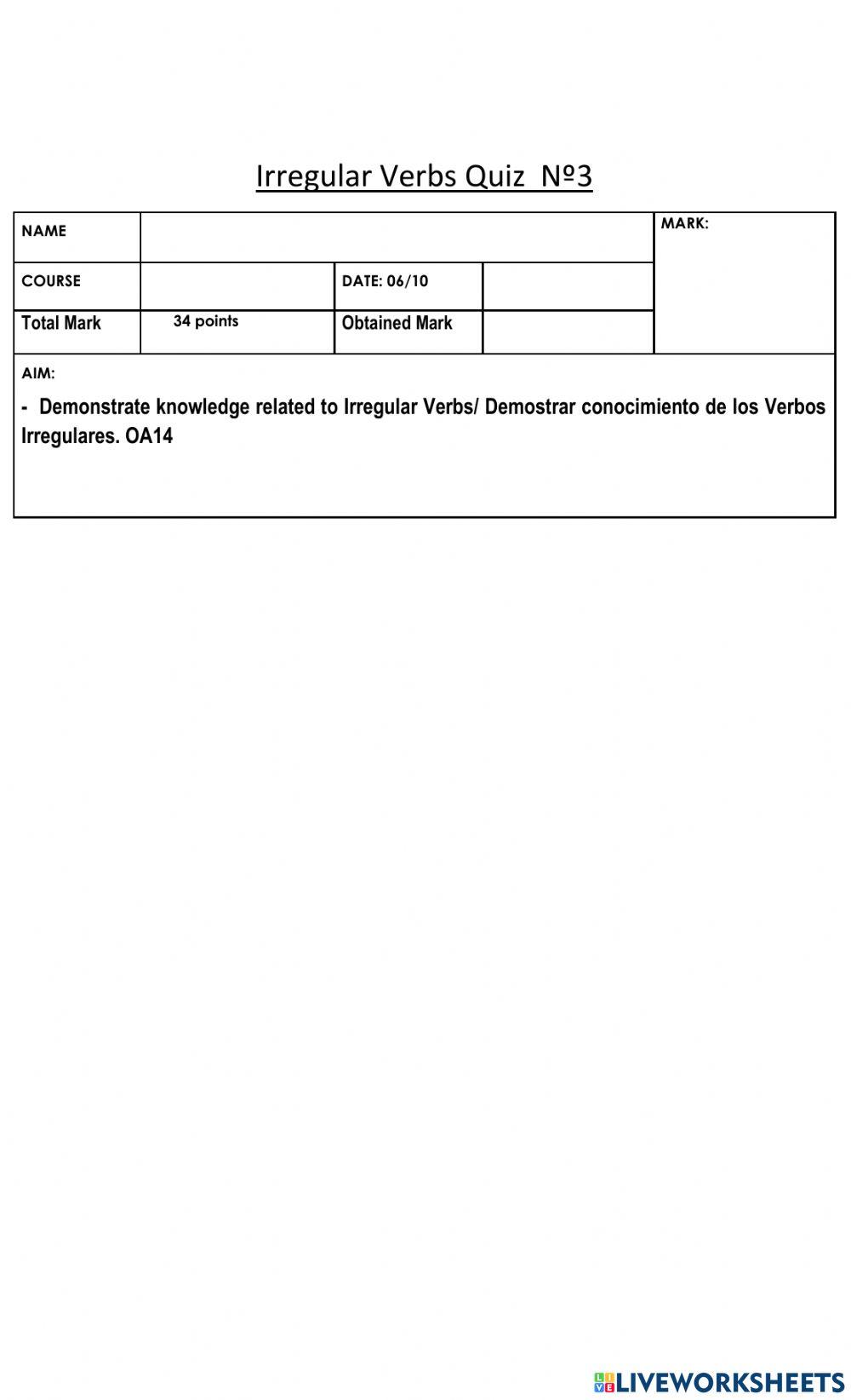 Irregular Verbs Quiz nº3 Year 7 -