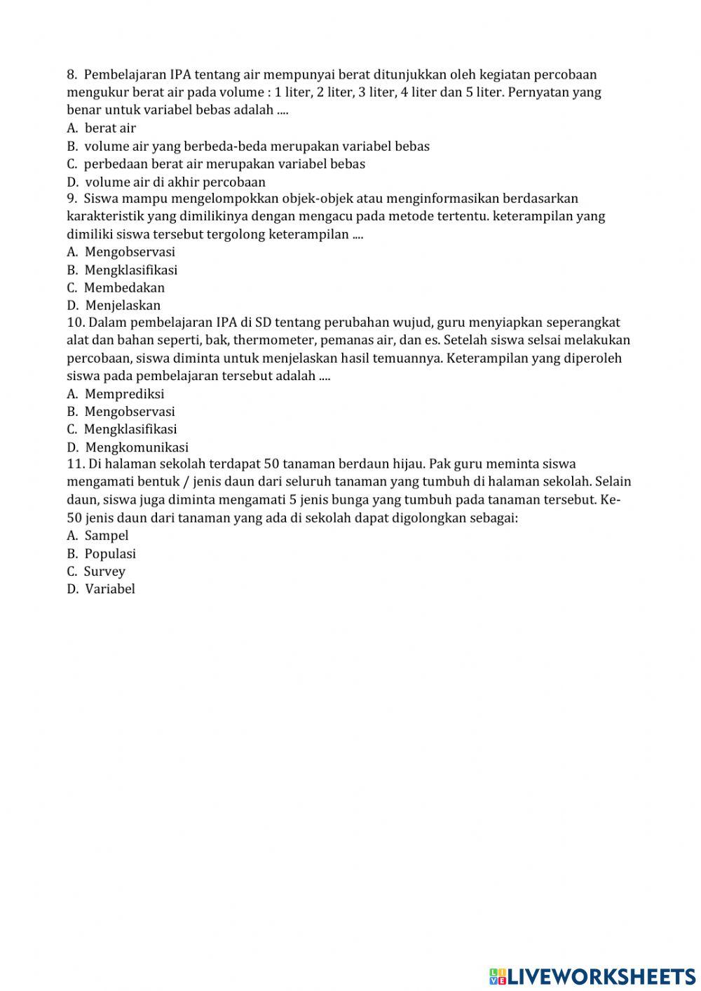 Pre test pembelajaran ipa sd