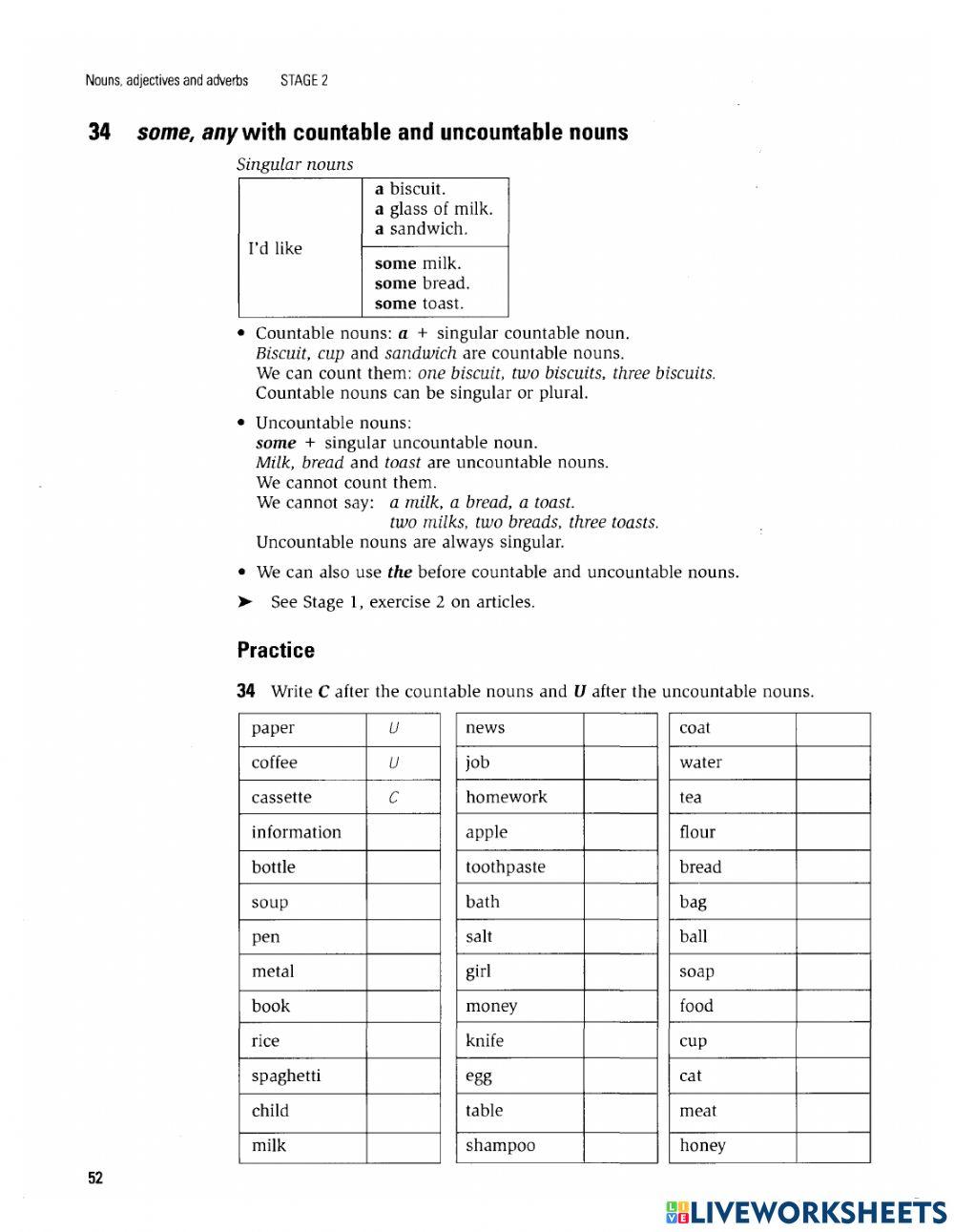 Countable and Uncountable Nouns online exercise for | Live Worksheets