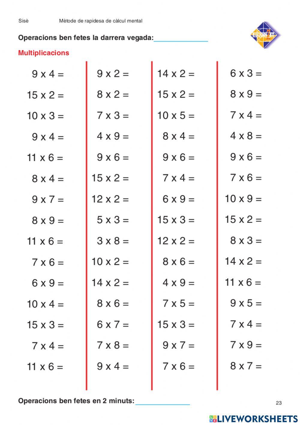 Velocitat càlcul mental MULTIPLICACIONS 6è