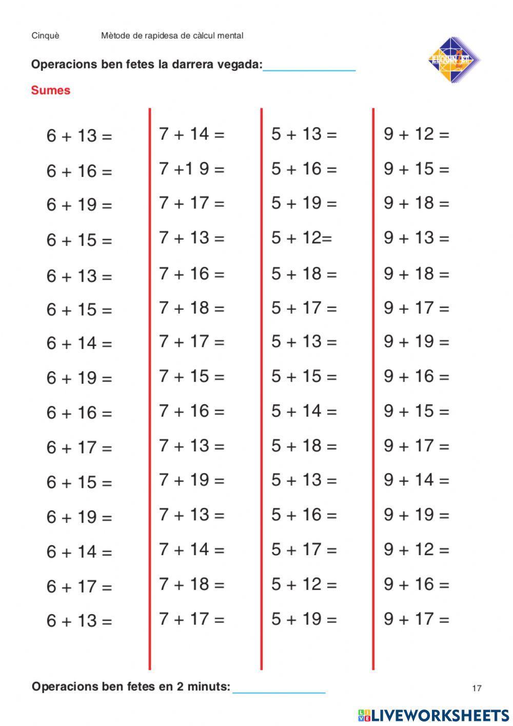 Velocitat càlcul mental  Sumes 5e