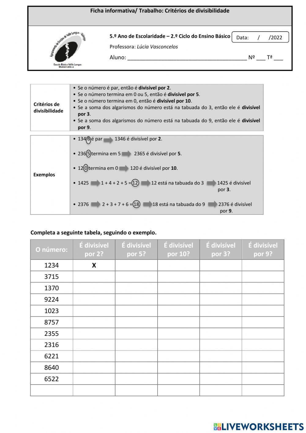 Ficha de Trabalho - Critério de divisibilidade