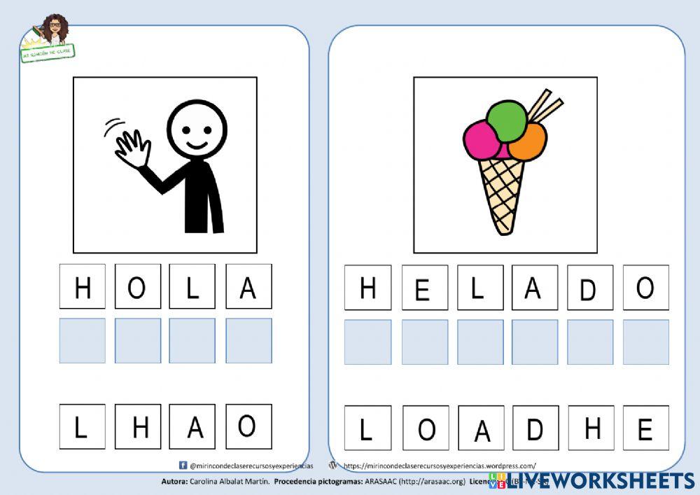 Letra h: hola, helado, hielo