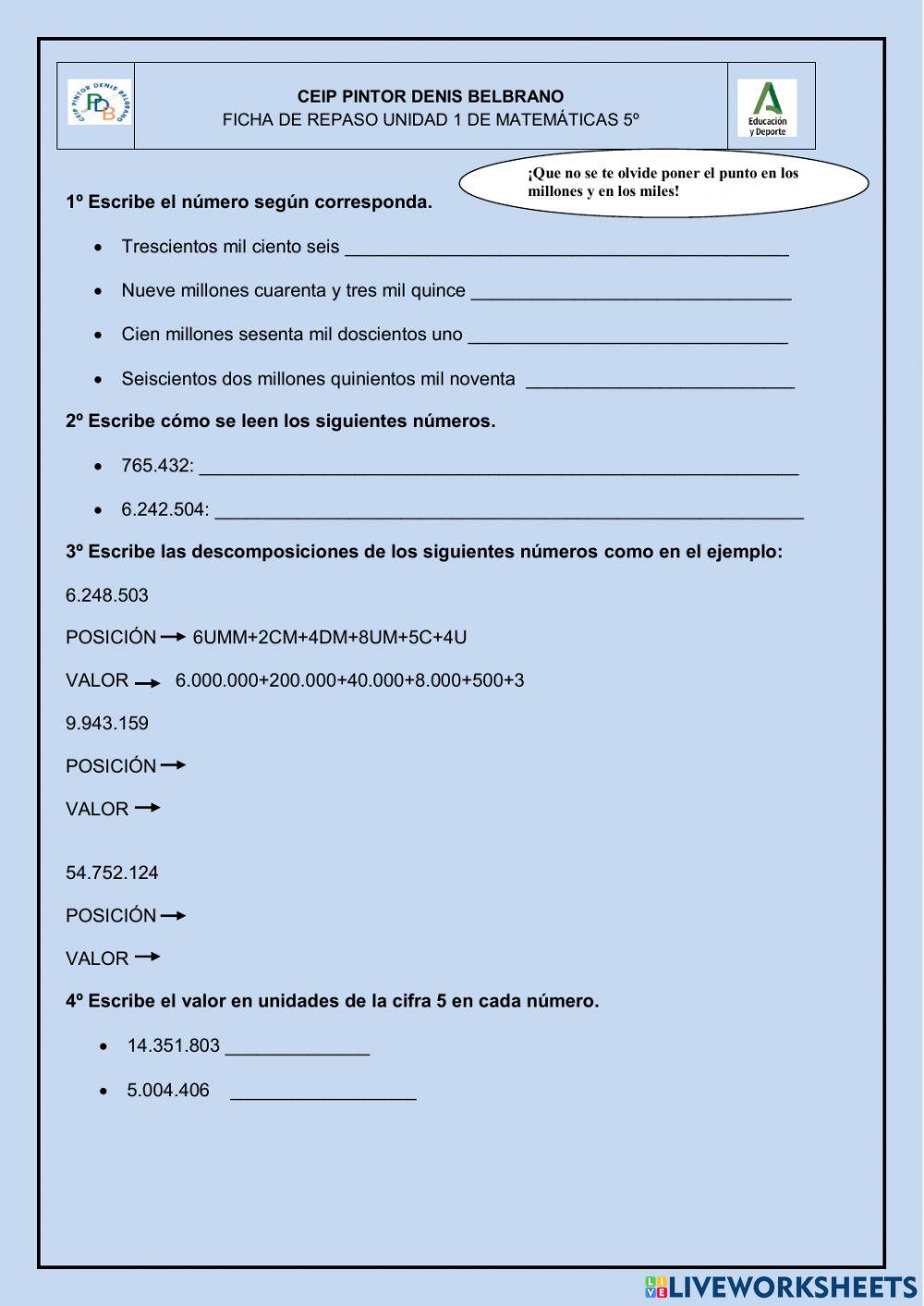 Repaso acumulativo u.d. 1 matemáticas 5º