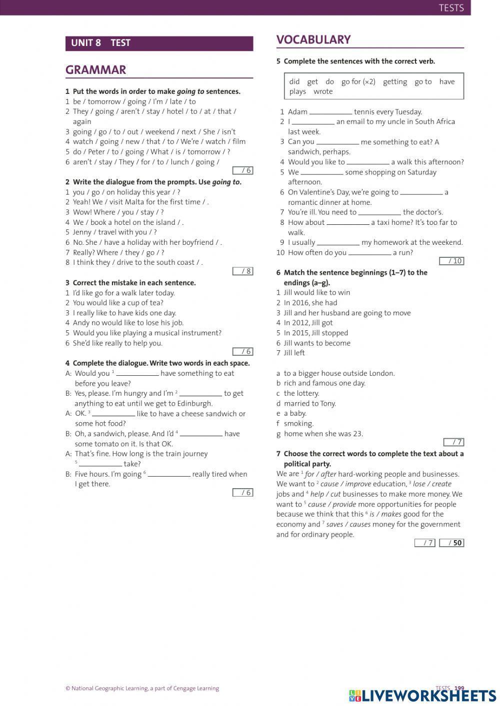 Outcomes Elementary Unit 8 Test