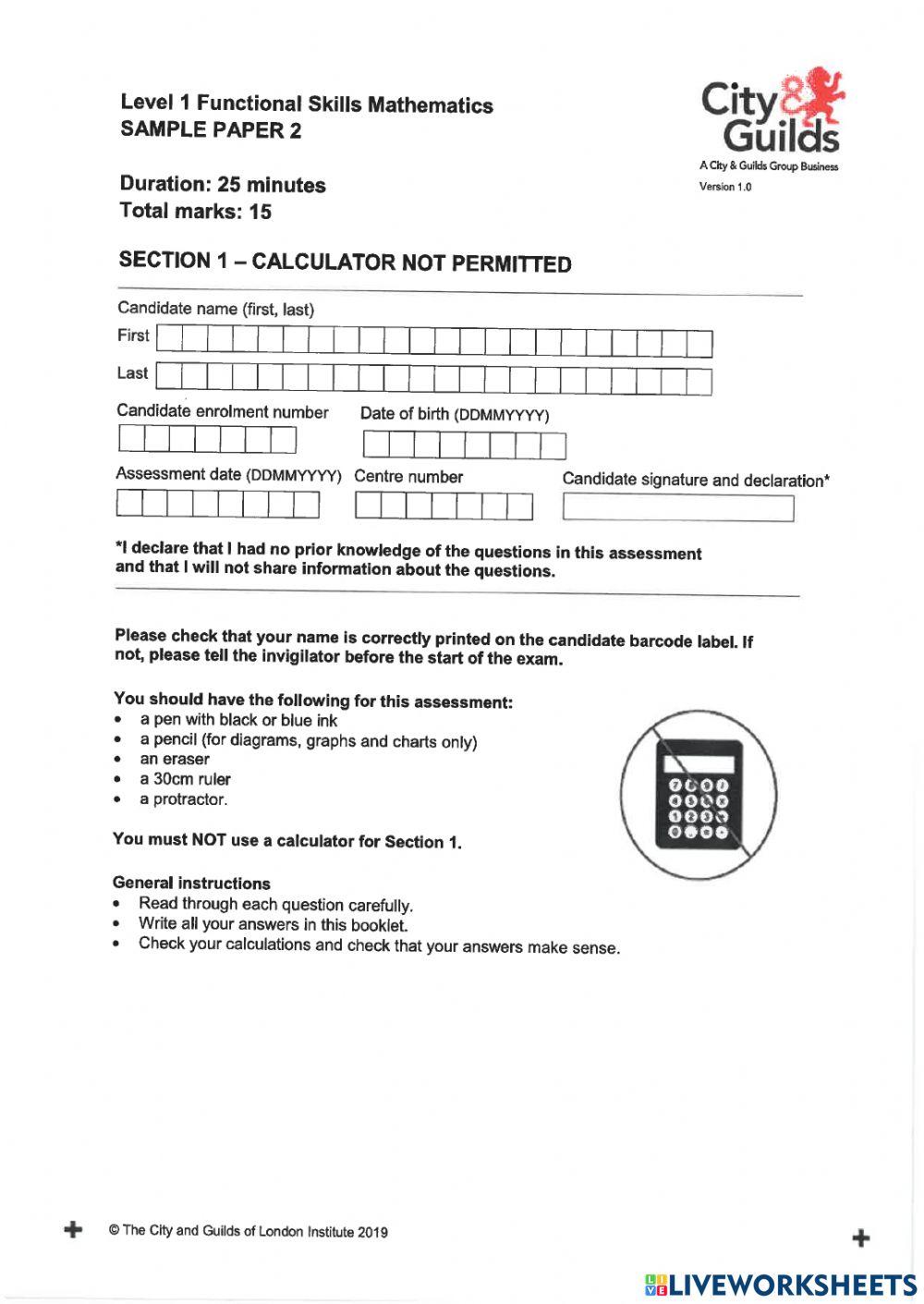Maths Non-Calculator Exam Paper