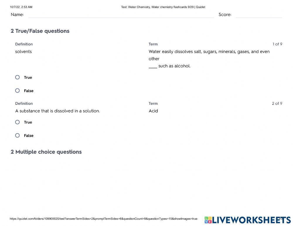 Water Chemistry Worksheet