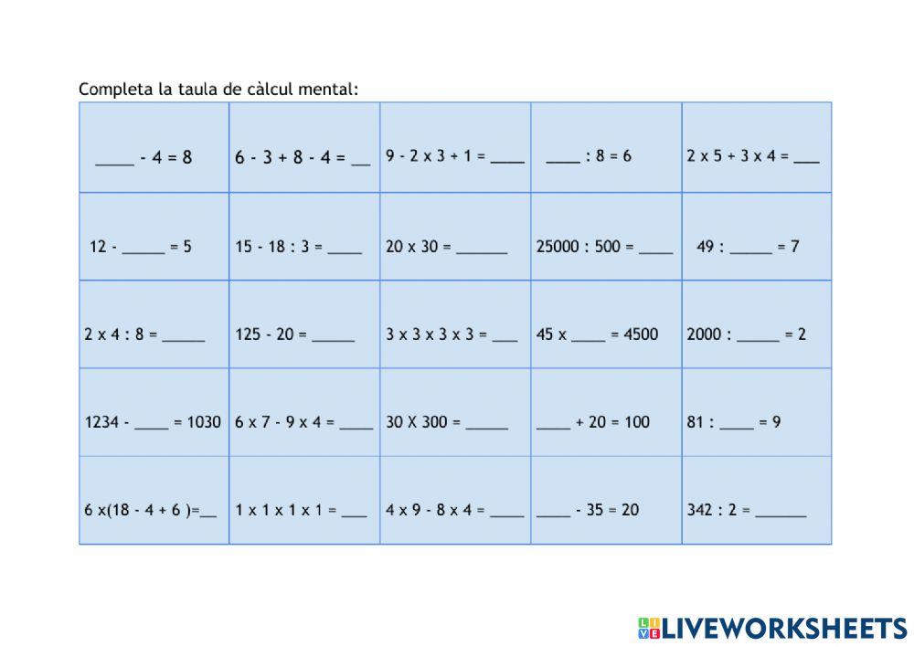 Taula de càlcul mental