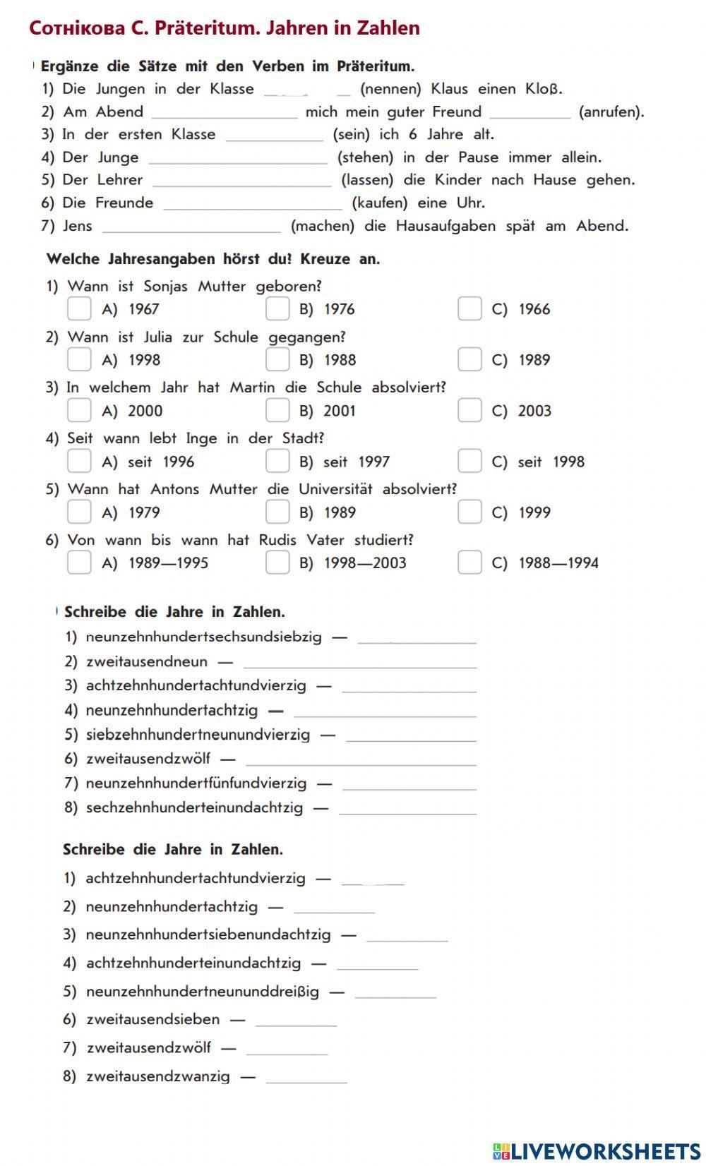 Сотнікова С. Präteritum. Jahren im Zahlen