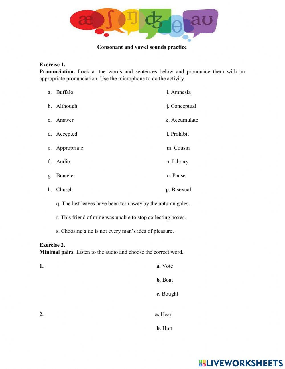 Consonant and vowel sounds practice