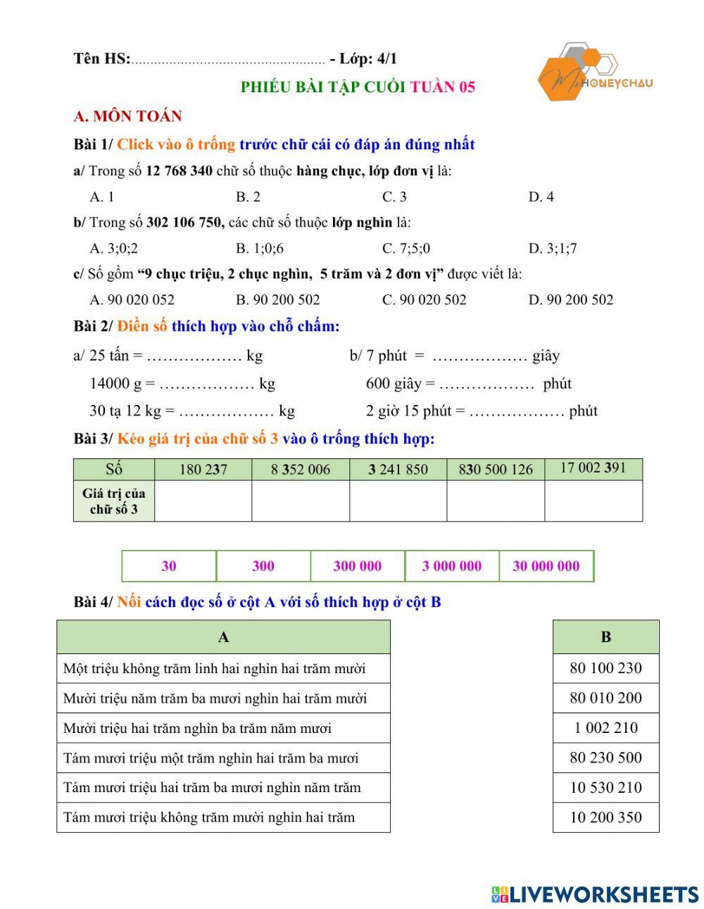 Bài ôn cuối tuần lớp 4 - Tuần 05