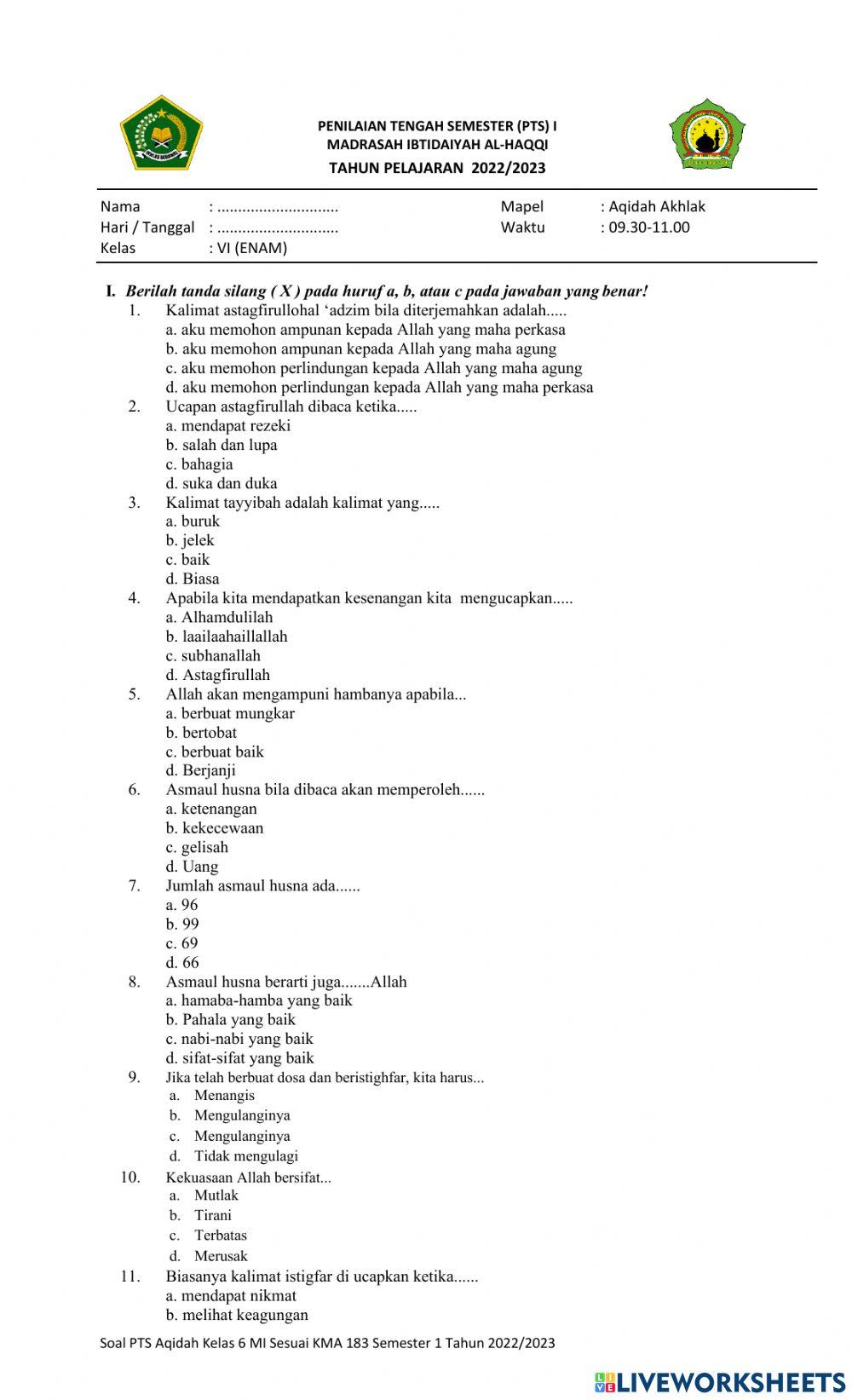 PTS AQIDAH Semester 1