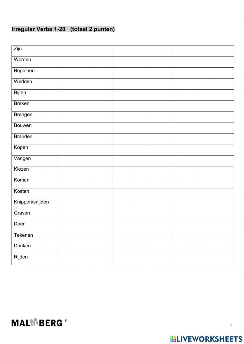 Irregular Verbs 1-20 online activity | Live Worksheets