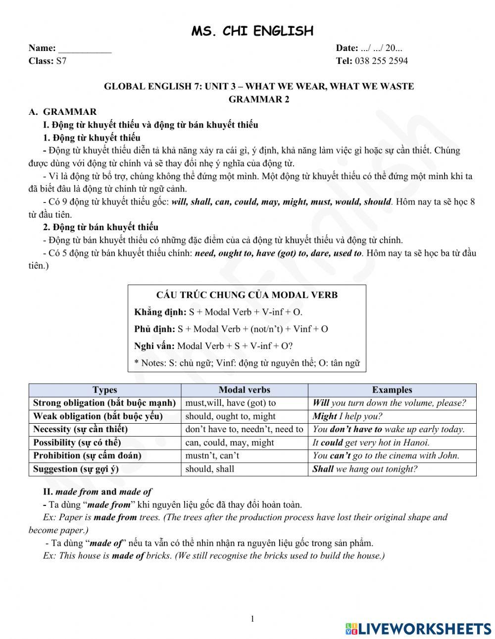 Viet Teacher - S7 - Week 9 - U3 - Grammar 2