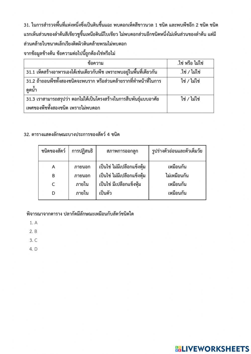 O-net ป.6 วิทยาศาสตร์ชีวภาพ