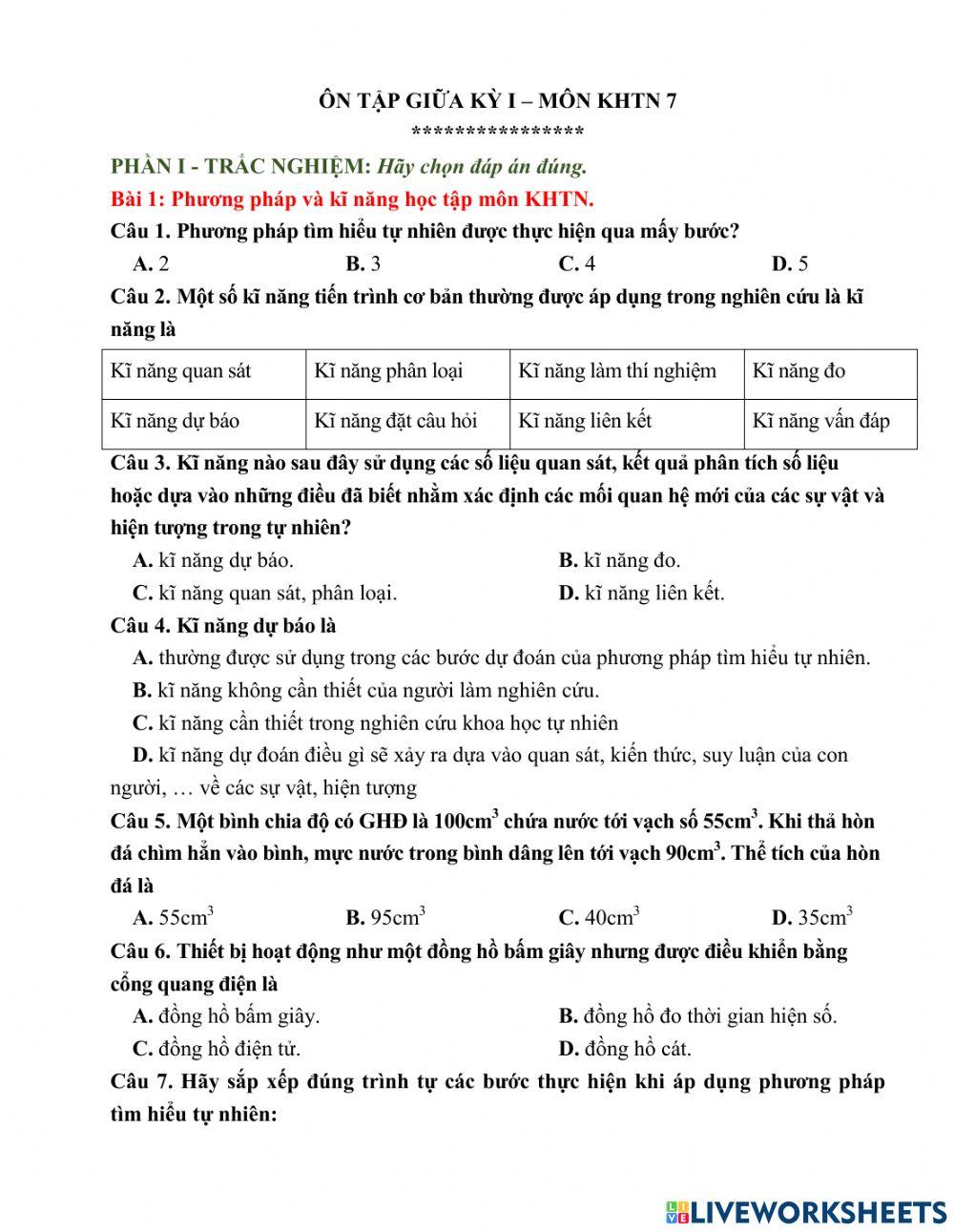 ÔN TẬP KIỂM TRA GIỮA KÌ I - MÔN KHTN 7