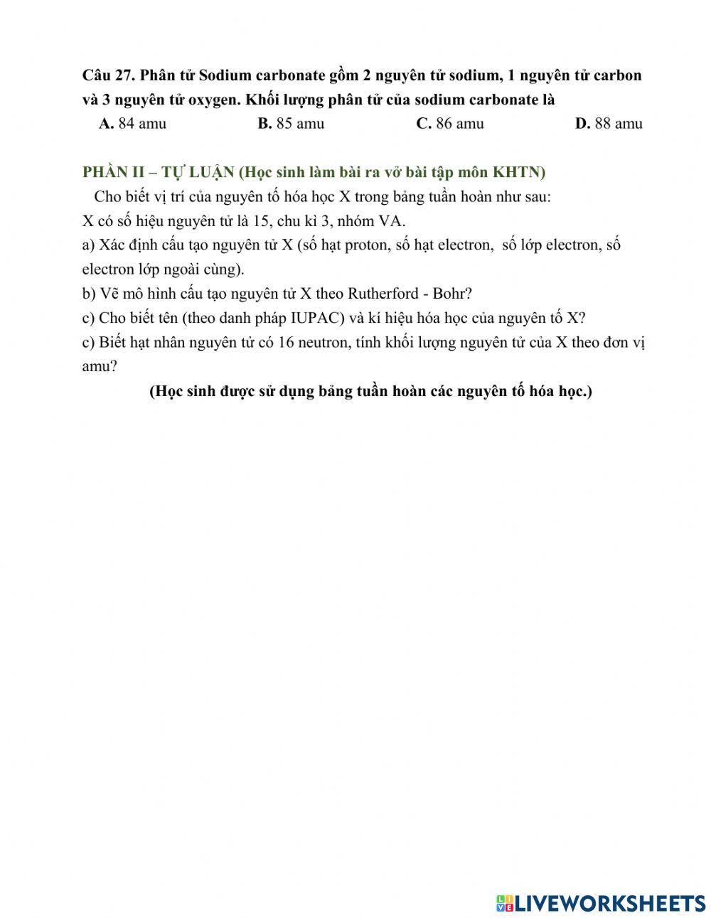 ÔN TẬP KIỂM TRA GIỮA KÌ I - MÔN KHTN 7