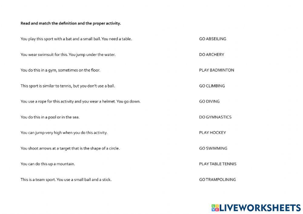 My activities party - Vocabulary