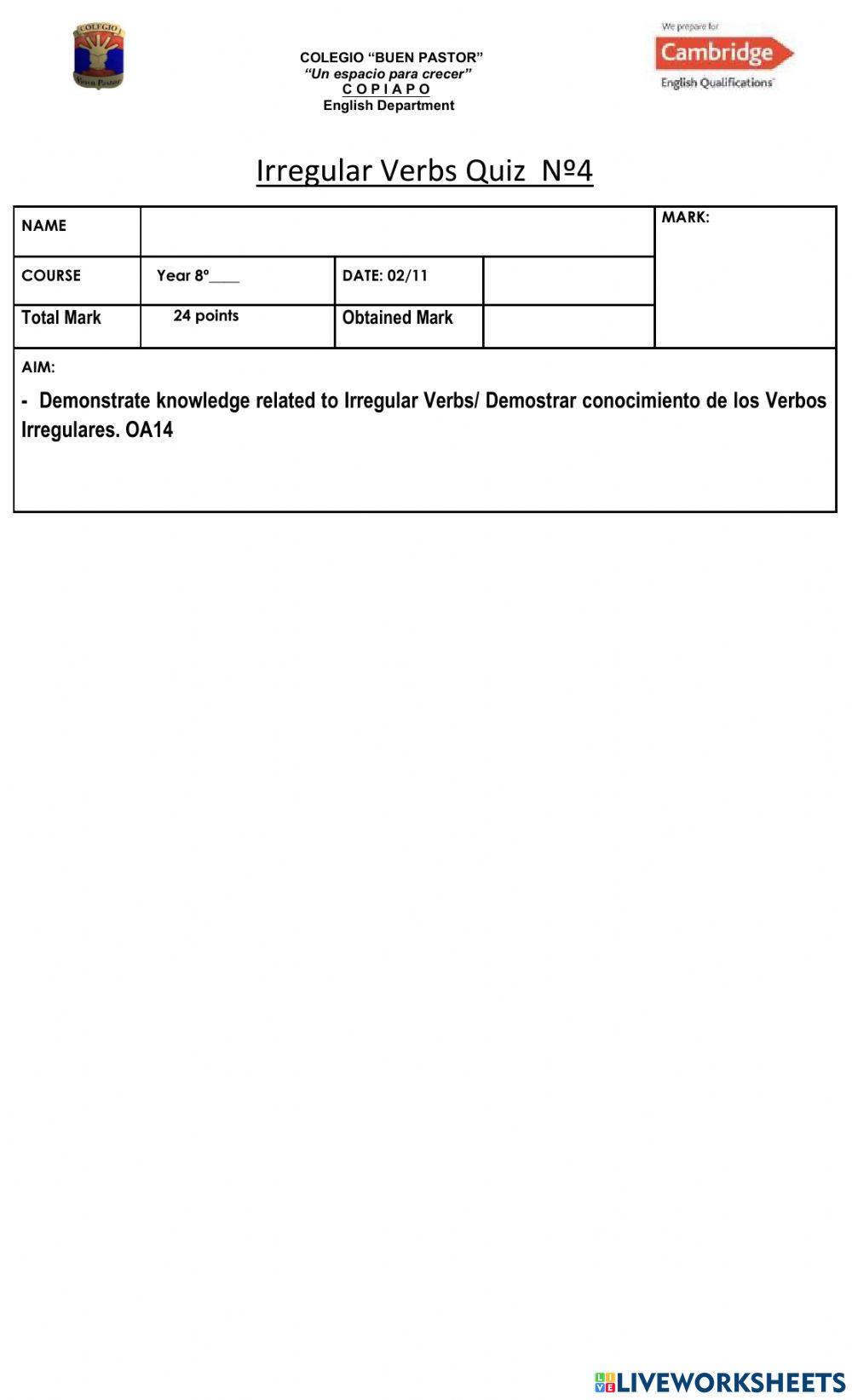 Irregular Verbs Quiz nº4 Year 8 -