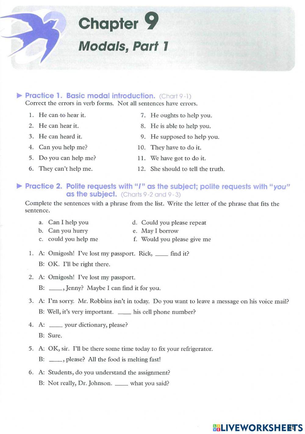 MODALS VERB PART 1- PRACTICE online exercise for | Live Worksheets