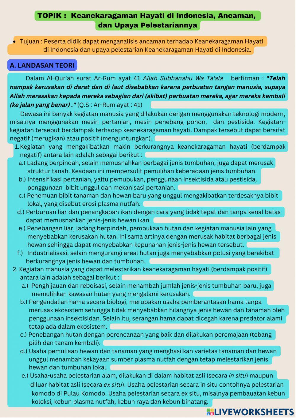 LKPD PROBLEM BASED LEARNING KEANEARAGAMAN HAYATI online exercise for ...