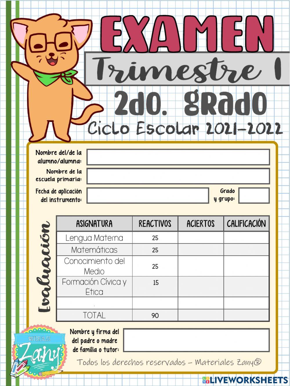 Evaluación 2do. grado 1er trimestre primaria