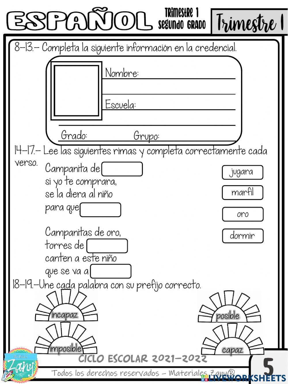 Evaluación 2do. grado 1er trimestre primaria