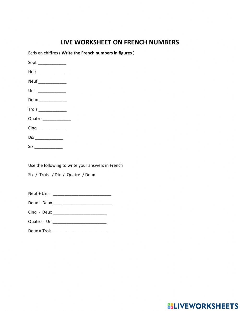Numbers in French from 1 to 10 and simple calculations