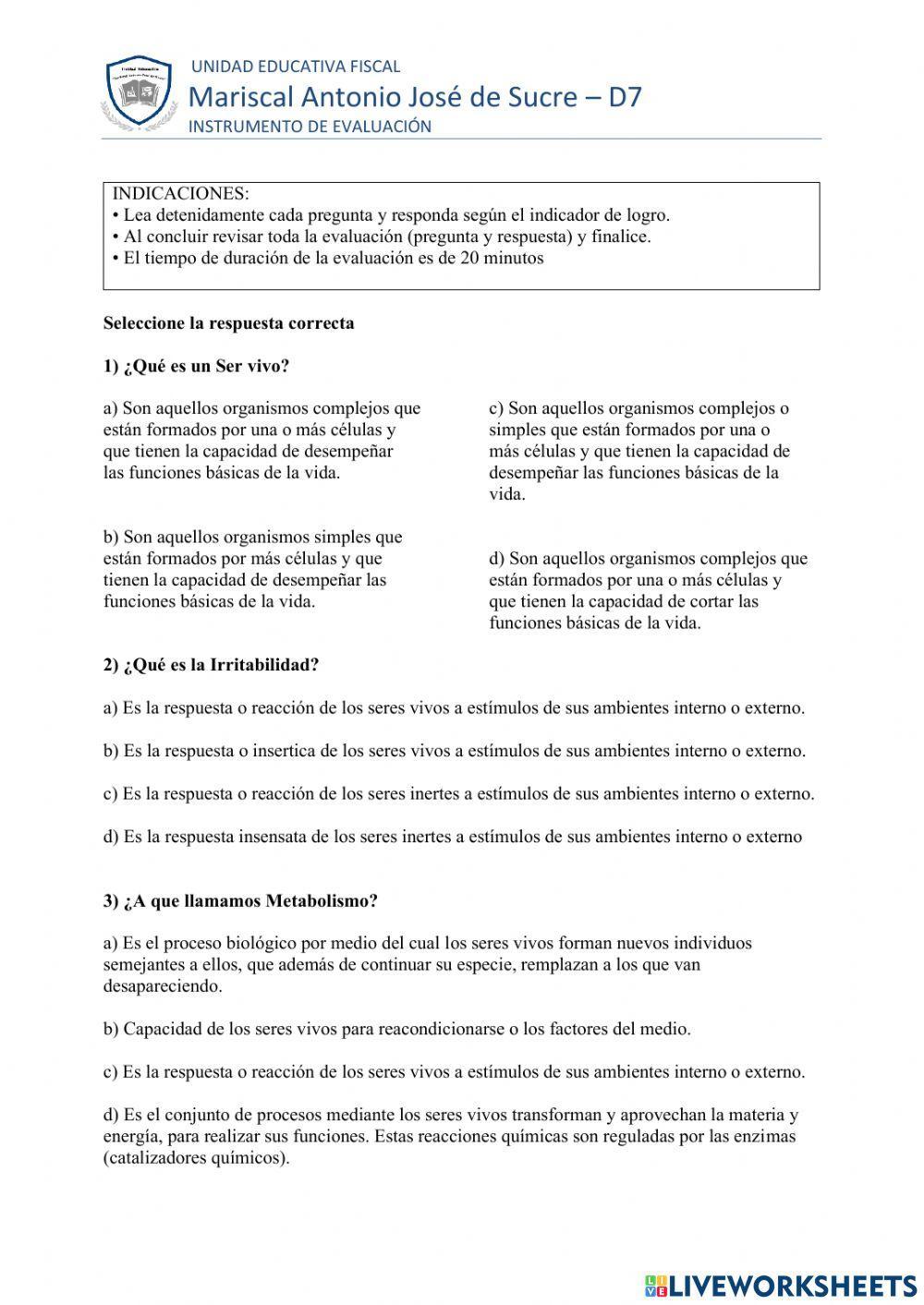 EVALUACION DE REFUERZO OCTAVO PROPIEDADES SERES VIVOS