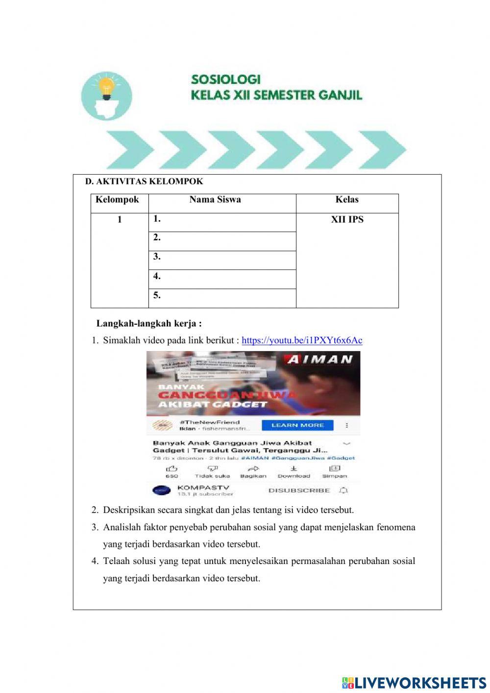 LKPD Kelompok 1 Faktor Penyebab Perubahan Sosial