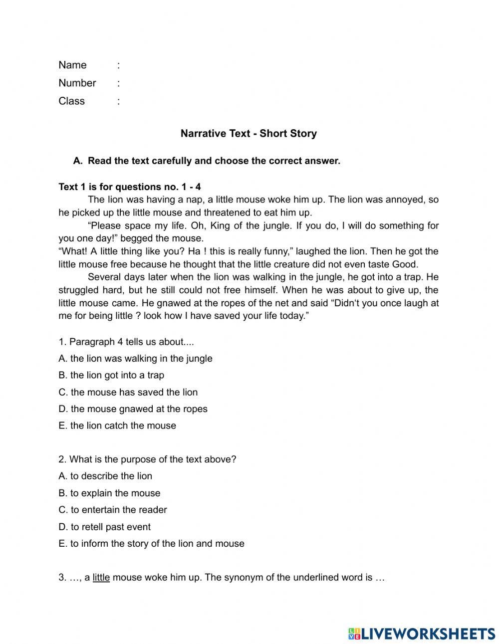 Exercise chapter 3 narrative text online exercise for live worksheets