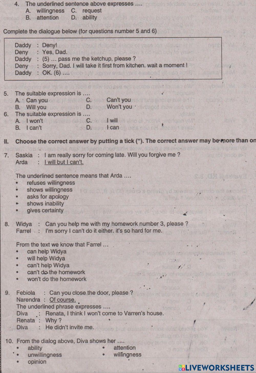 Ulangan Harian Bahasa Inggris BAB 2 Kelas 8