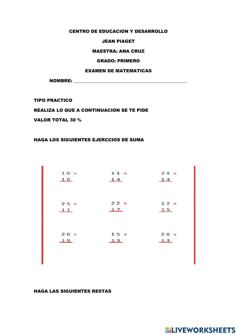 Examen de matematicas  cuarto parcial primero