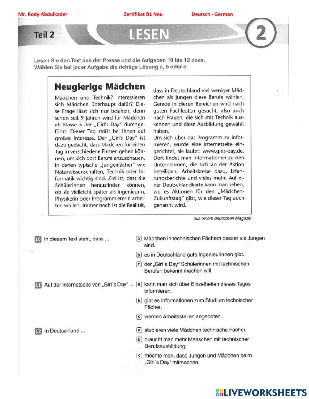 Zertifikat B1 Neu 15 Lesen 2