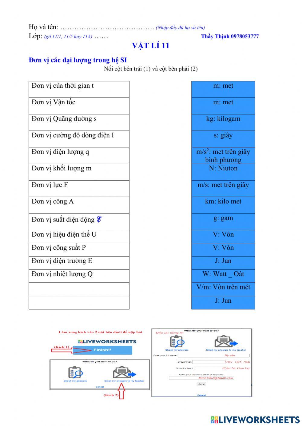 Đơn vị các đại lượng vật lí 11
