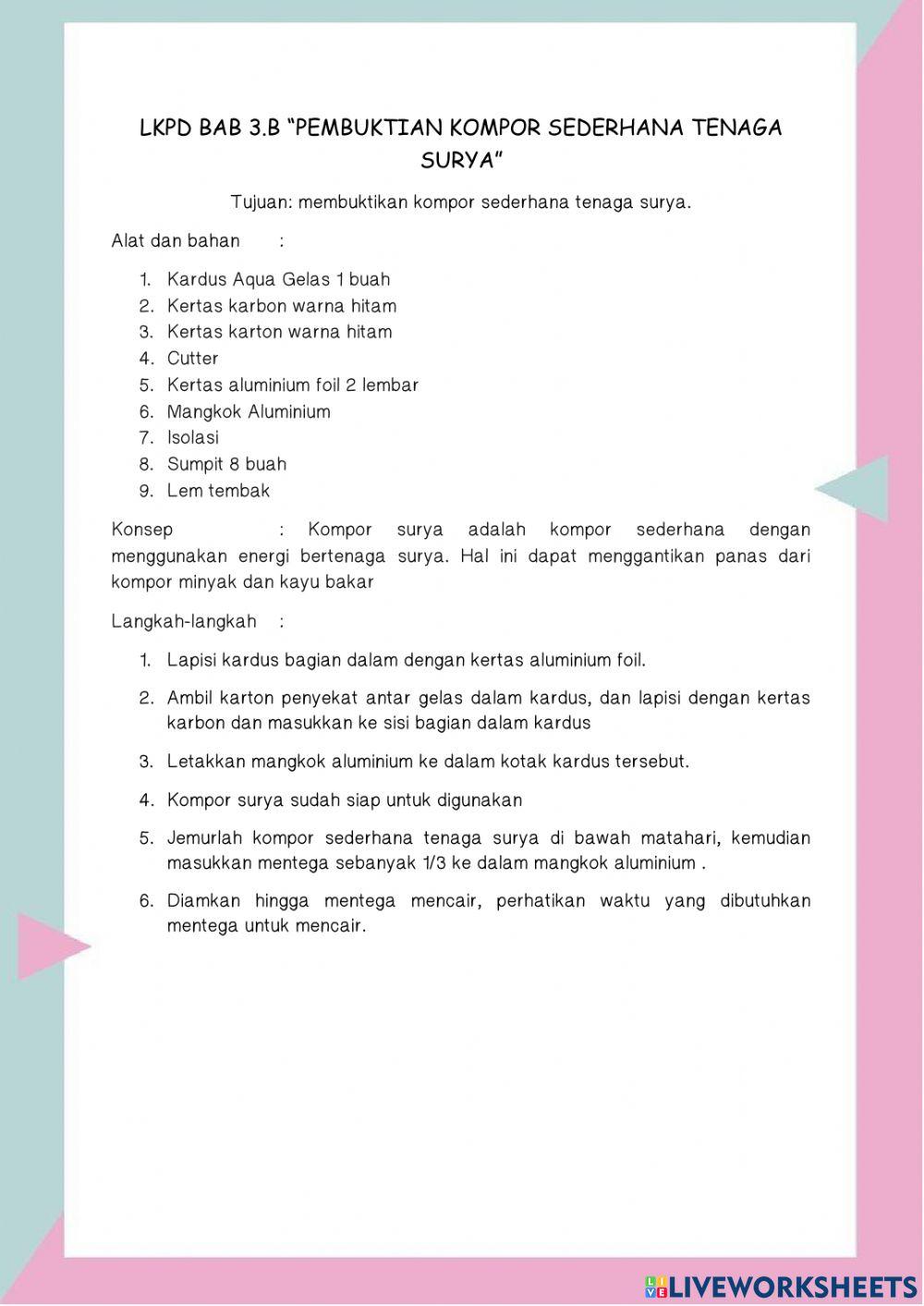 Lkpd bab 3.b “pembuktian kompor sederhana tenaga  surya
