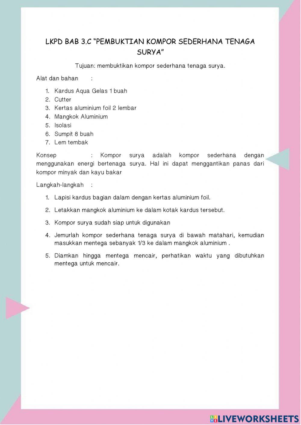 Lkpd bab 3.c “pembuktian kompor sederhana tenaga  surya”