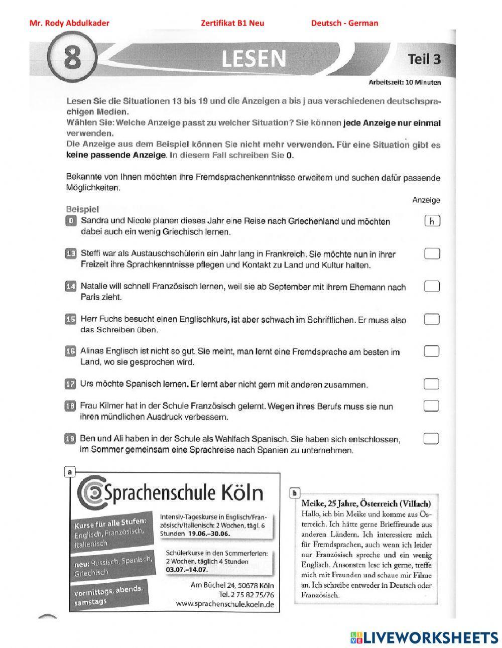 Zertifikat B1 Neu 15 Lesen 8