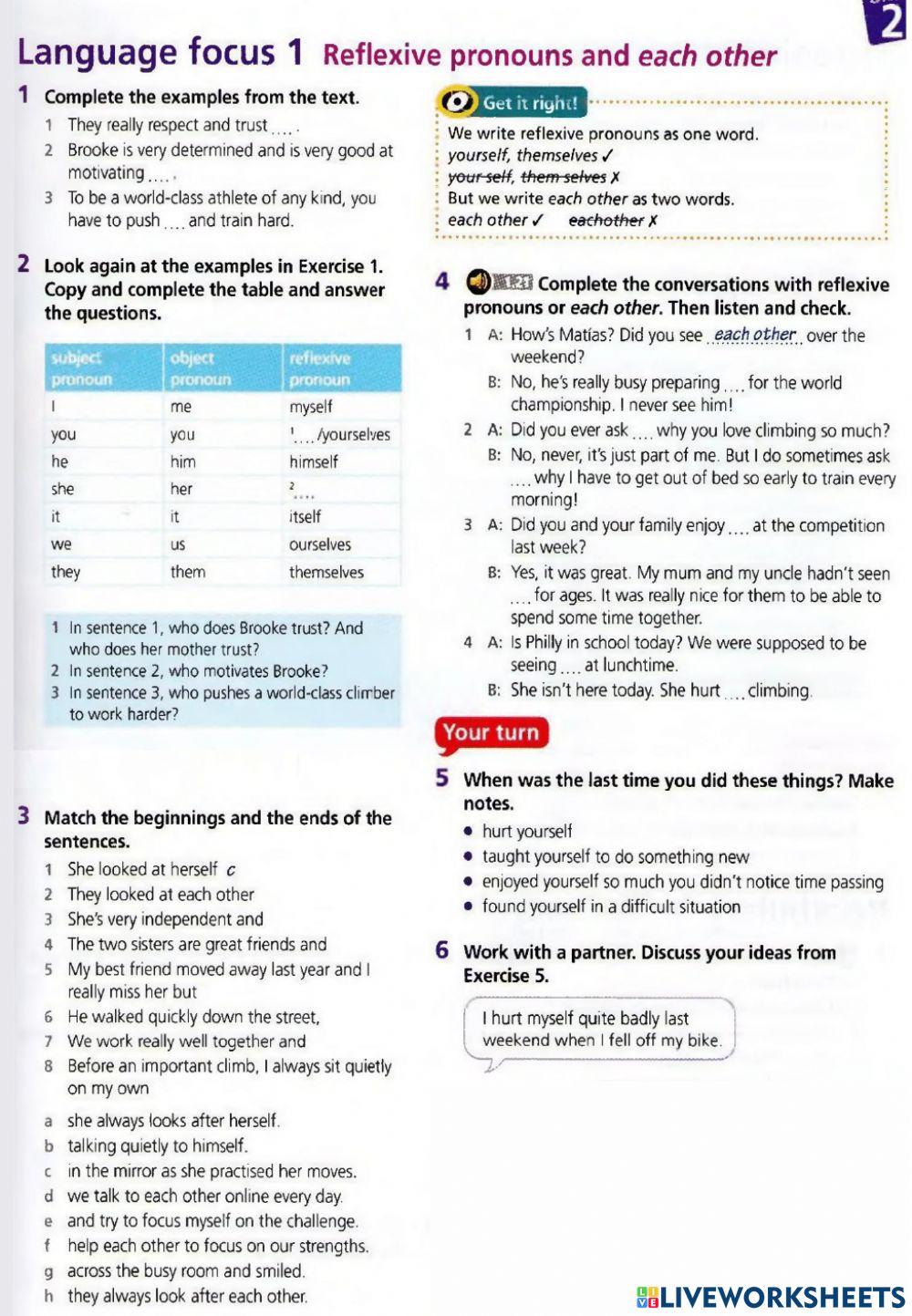 Reflexive pronouns exercise for form 8 Live Worksheets