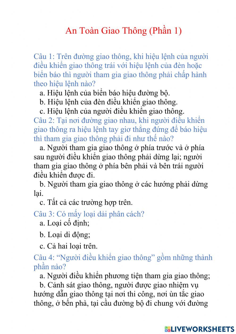 20 Câu An Toàn Giao Thông (phần 1)