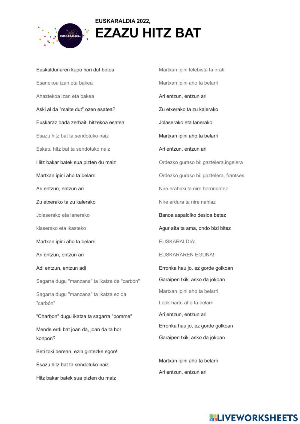 ESAZU HITZ BAT abestia, Euskaraldia 2022