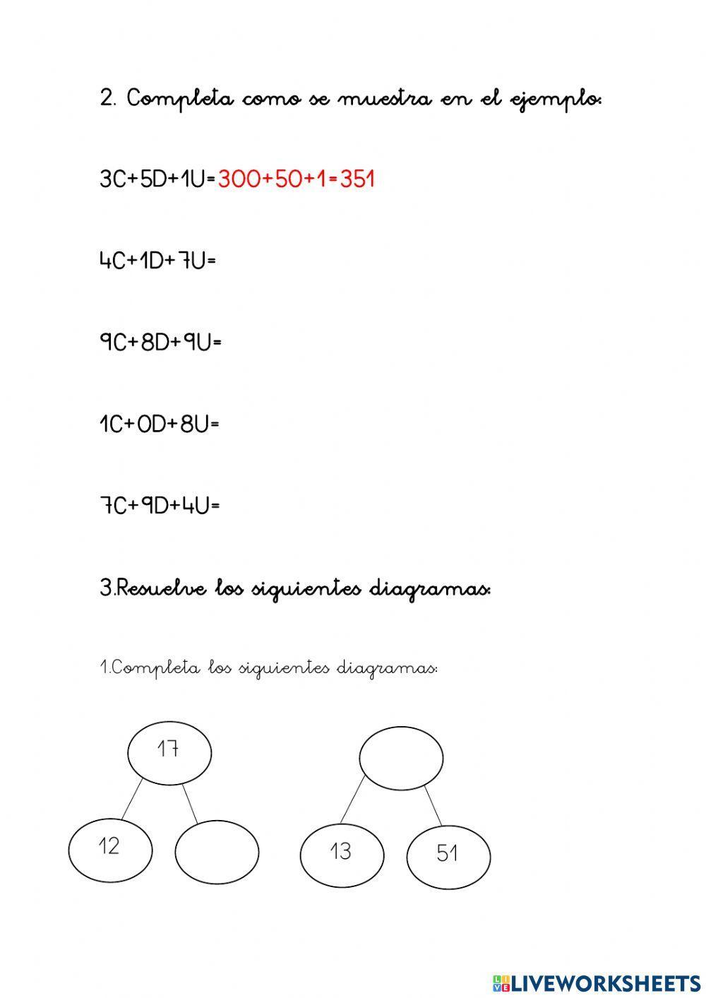 Diagramas, sumas en árbol y Unidades, decenas y centenas