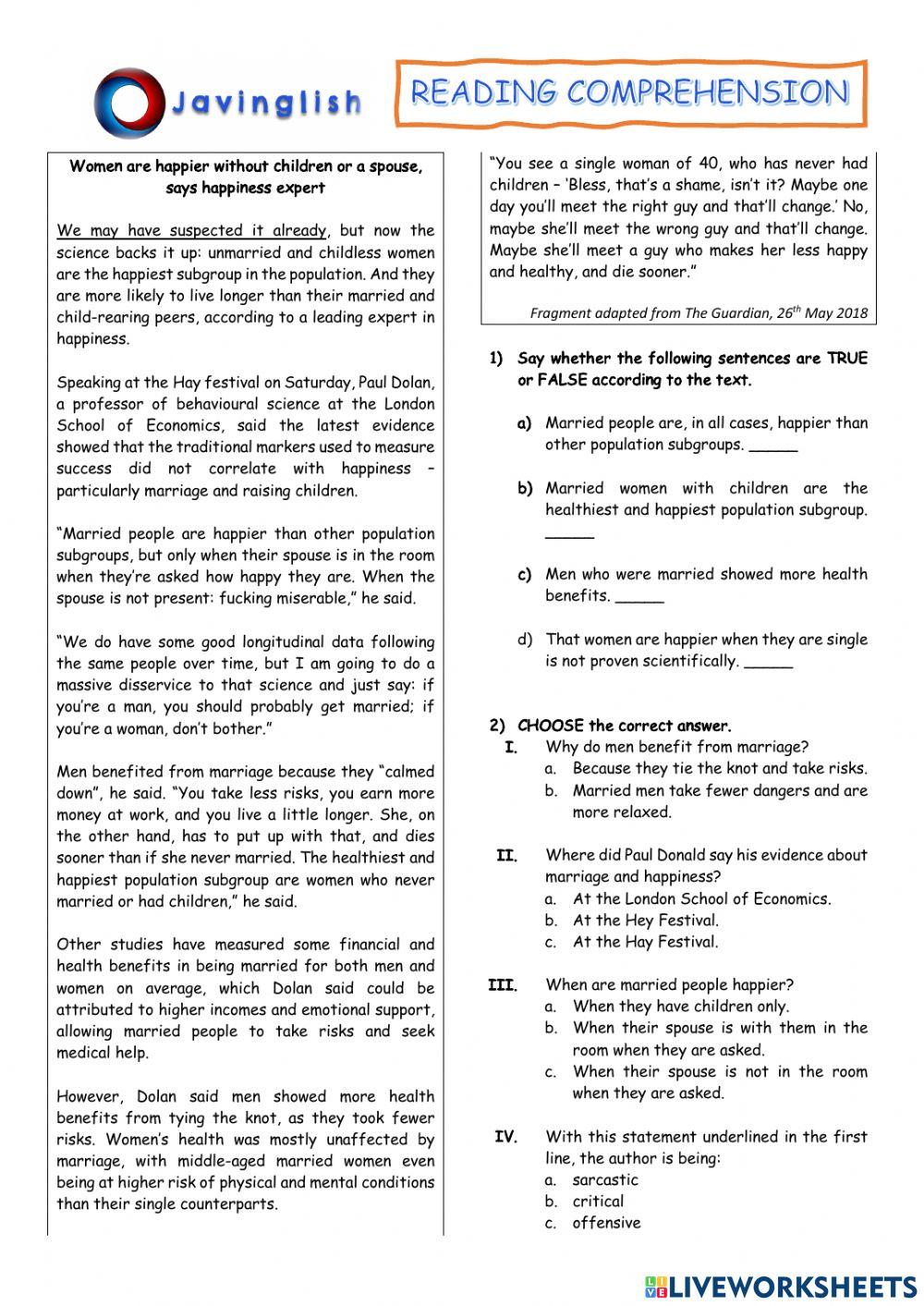 Reading b1 b2 online exercise for live worksheets