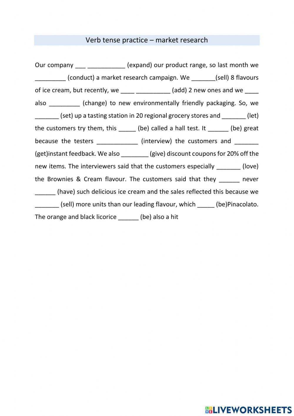 Verb tense practice - market research